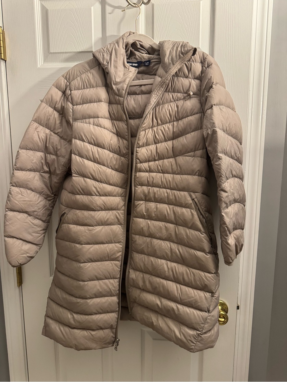 Lands' End Quilted Hooded Puffer Coat in Taupe